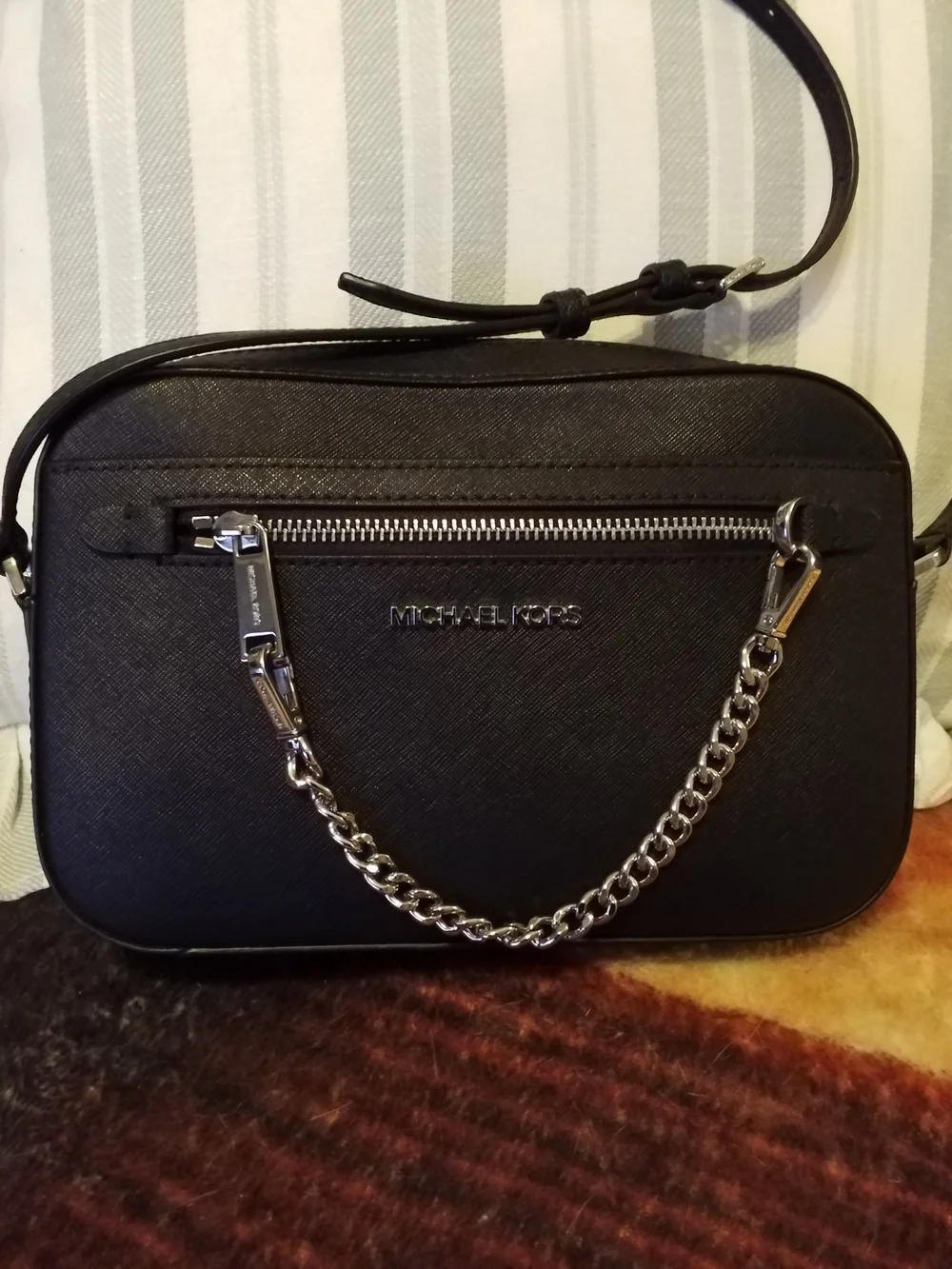 Michael Kors Black Leather Crossbody with Silver Chain Accent - Picture 1 of 2